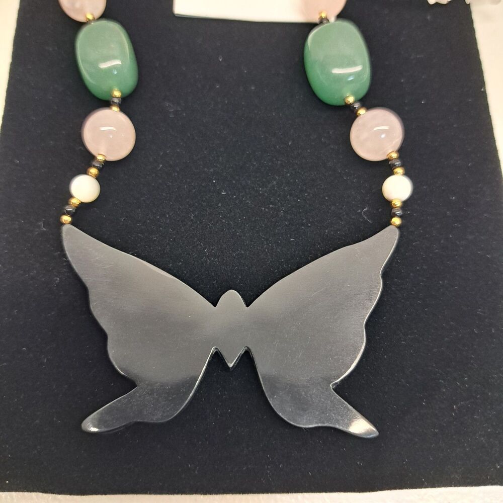 Vintage Lee Sands Abalone Inlay Butterfly Necklace Rose Quarts Jade Bead 18" - Picture 3 of 5